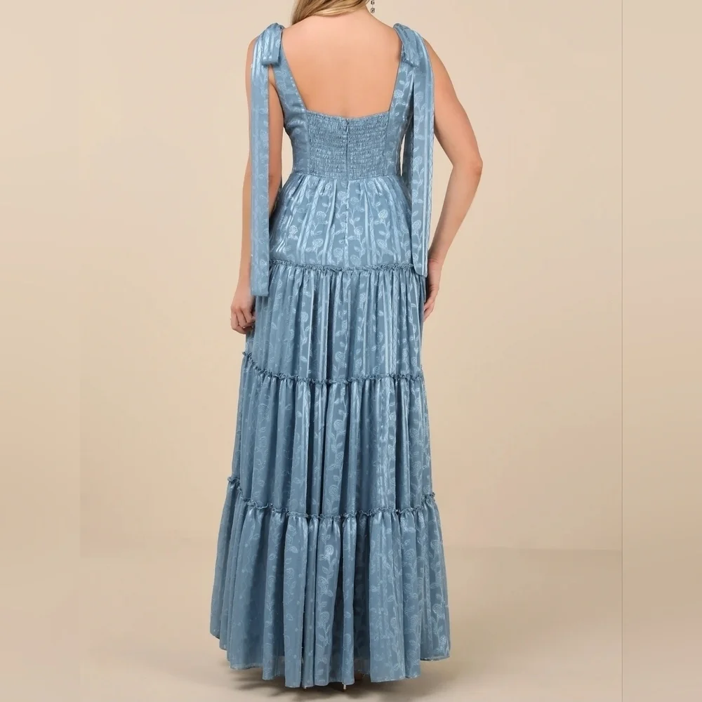 Lulus Picturesque Allure Slate Blue Sleeveless Jacquard Tie-Strap Maxi Dress - Picture 4 of 11